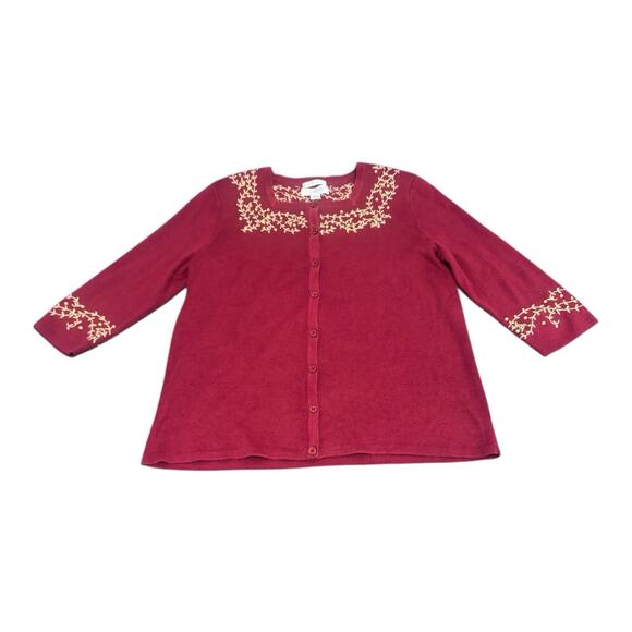 Vintage CJ Banks Red Hand Embroidered Floral Embellished Pearls Cardigan Sweater - Picture 1 of 8